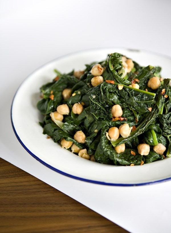 Wilted greens with fried chick peas