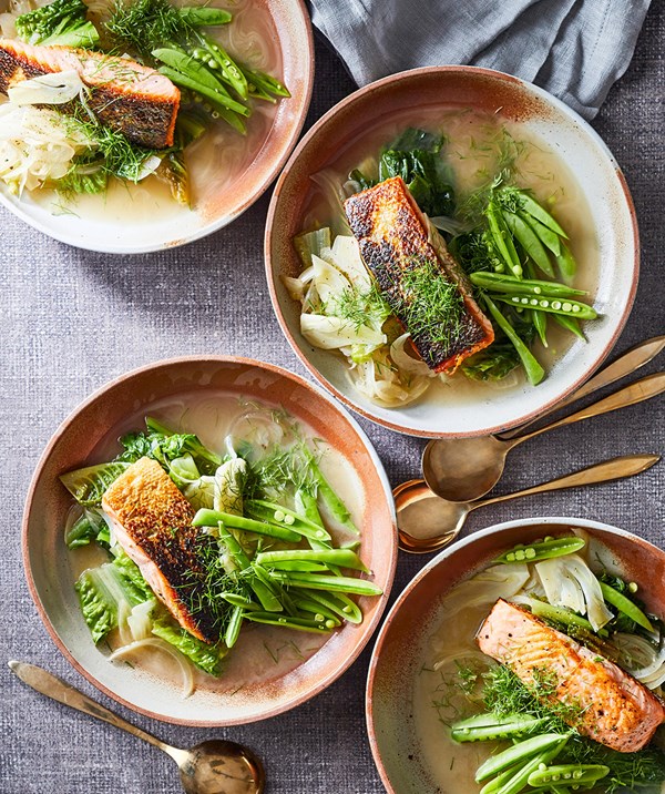 Wilted lettuce soup with seared salmon