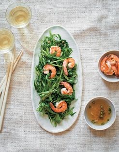 Wilted mizuna mustard salad with shrimp