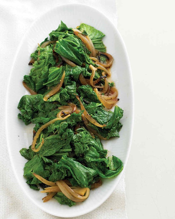 Wilted mustard greens with sweet onion