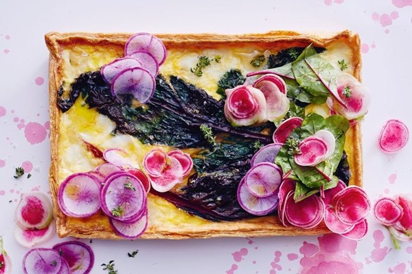 Wilted rainbow chard tart with roasted garlic