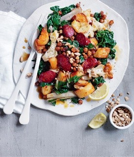 Wilted silverbeet with chickpeas, chorizo & crispy potatoes
