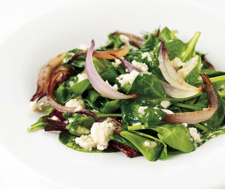 Wilted spinach salad with warm feta dressing