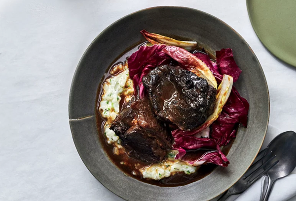 Wine-braised beef with green-garlic Soubise and young chicories
