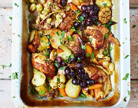 Wine-braised chicken with roasted grapes