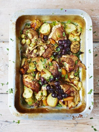 Wine-braised chicken with roasted grapes
