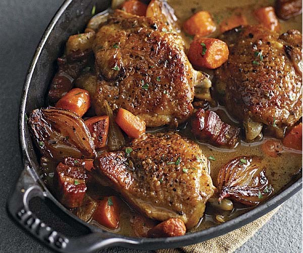 Wine-braised chicken with shallots & pancetta
