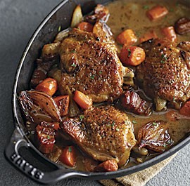 Wine-braised chicken with shallots and pancetta
