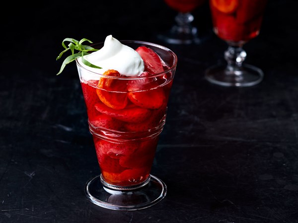 Wine-poached strawberries and apricots
