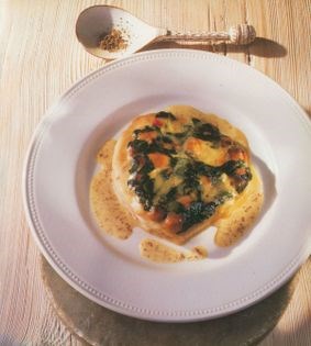 Wing of skate with Camembert, spinach, lardons & cider