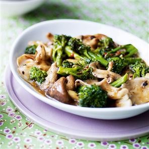 Winter broccoli and mixed mushrooms in garlic black bean sauce