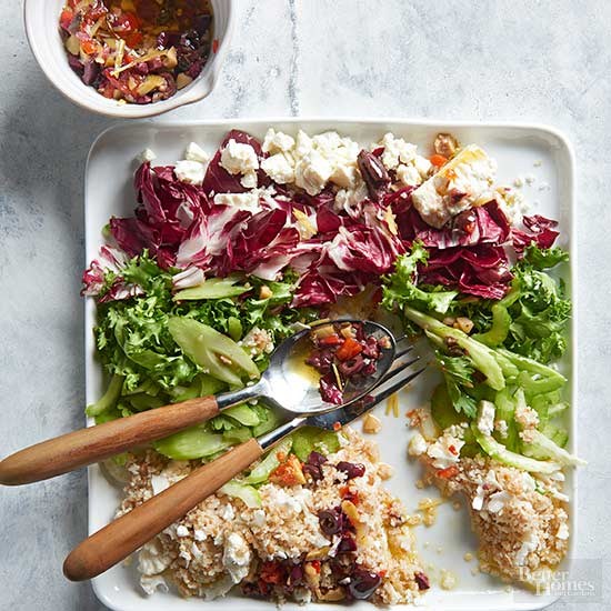 Winter bulgur salad with olive dressing