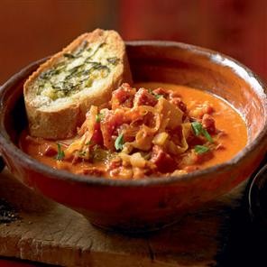Winter cabbage, chorizo and celeriac soup with baked sage croutons
