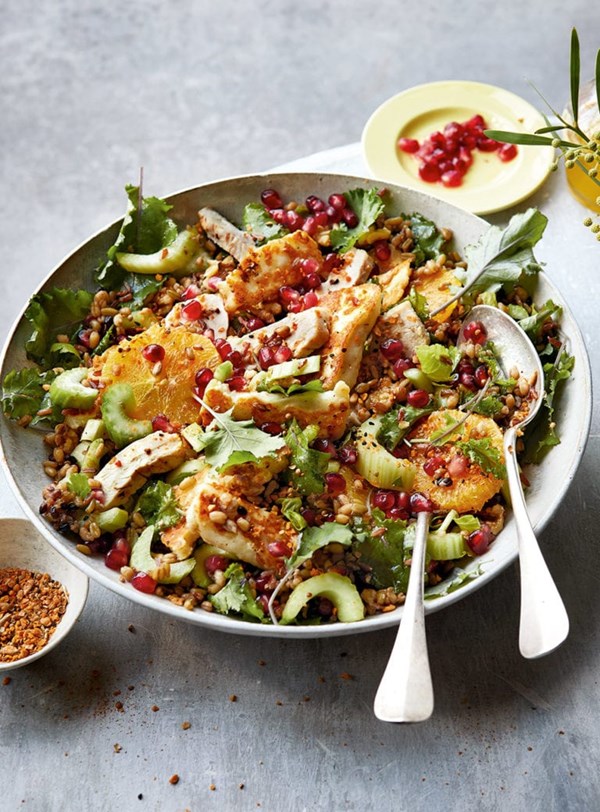 Winter citrus, chicken and halloumi salad