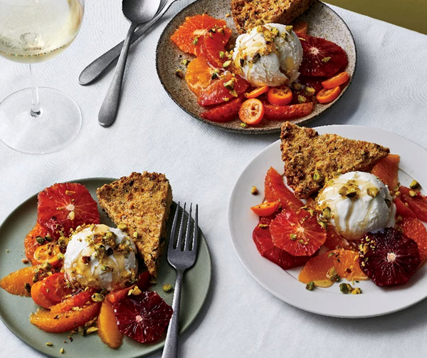 Winter citrus with frozen yogurt and pistachios
