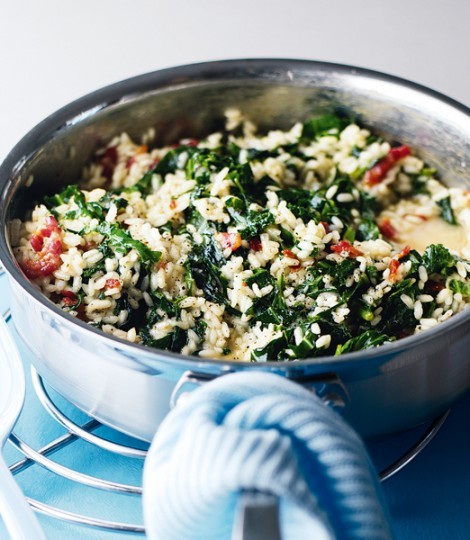 Winter green risotto with crunchy bacon
