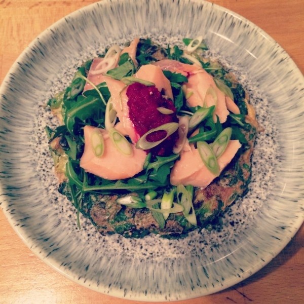 Winter greens fritter with smoked trout and chrain