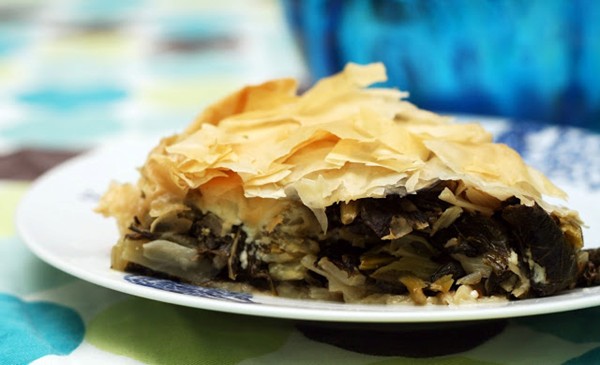 Winter greens, leek and feta pie