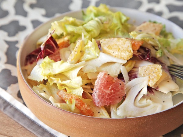 Winter greens salad with fennel, citrus, and creamy citrus vinaigrette 