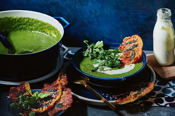 Winter greens soup with prosciutto wafers