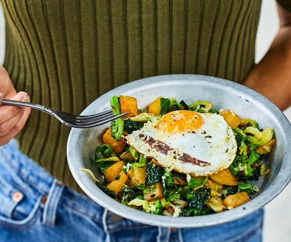 Winter greens with fried egg, anchovy & Parmesan
