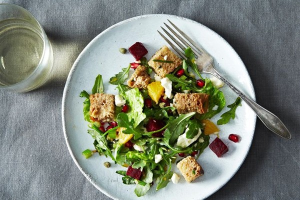 Winter panzanella with orange, roasted beets, and pomegranate seeds