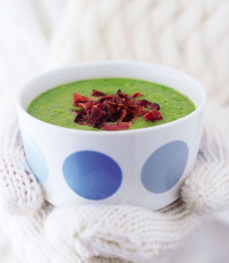 Winter pea and watercress soup with crispy pancetta