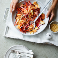 Winter rainbow slaw with lime-sesame vinaigrette and halloumi 