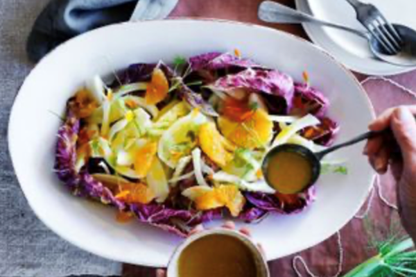 Winter salad of fennel, clementine and radicchio with calendula petals [Mickey Robertson]