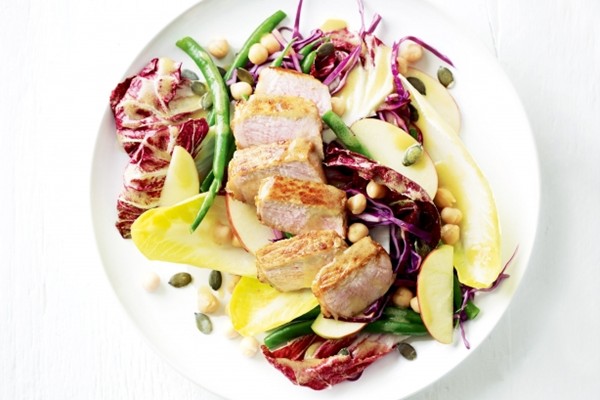 Winter salad of pork, apple and bitter leaves