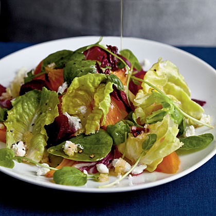 Winter salad with roasted beets and citrus reduction dressing