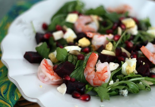 Winter seafood salad with pomegranate and beets