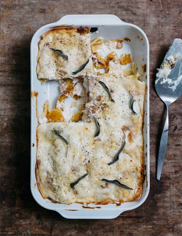 Winter squash lasagna with pancetta Besciamella, fresh pasta and sage
