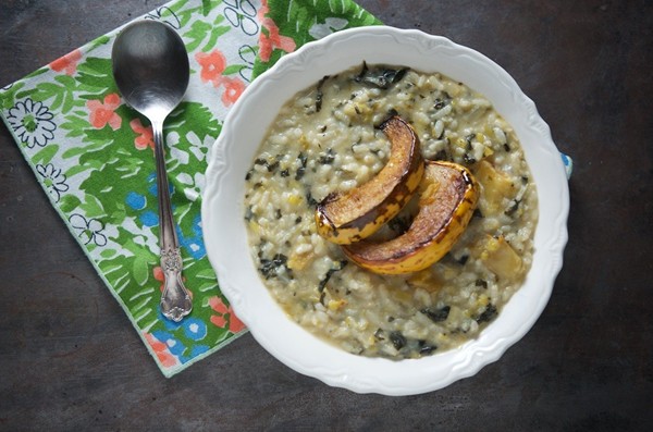 Winter squash risotto with leeks and greens