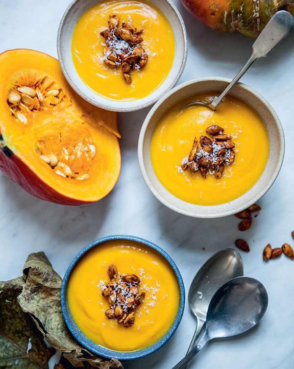 Winter squash soup with chipotle, roasted garlic and crunchy seeds