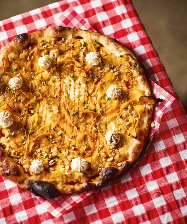 Winter squash, whipped feta & pistachio with hot date glaze pizza [Tom Kirton, aka Tommy Tomato]