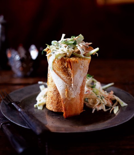 Winter turkey coleslaw in a warm Parmesan baguette