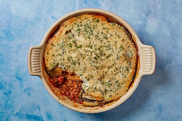 Winter vegan moussaka [spiced lentil ragù, vegan Béchamel]