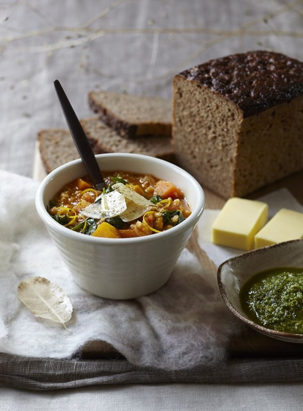 Winter vegetable and pearl barley soup
