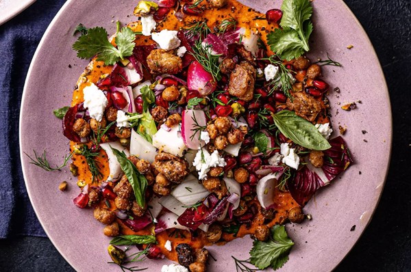 Winter vegetable chopped salad with chilli tahini dressing