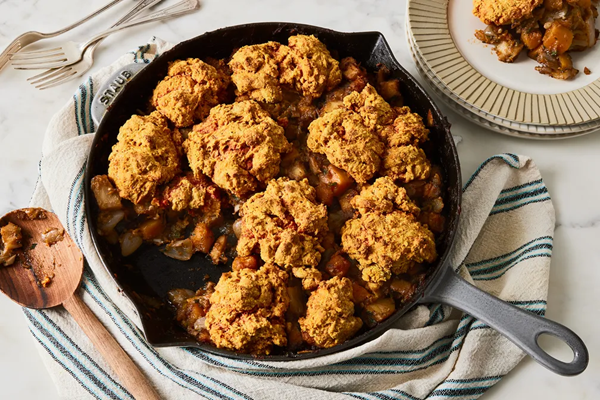 Winter vegetable cobbler with turmeric-chile biscuits