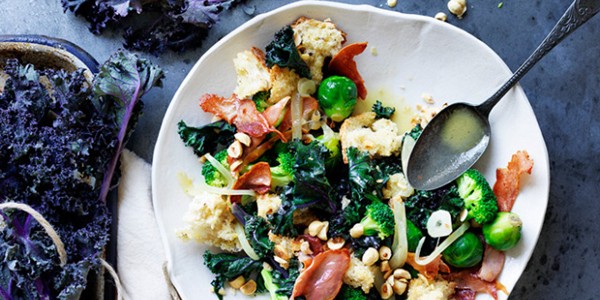 Winter vegetable sauté with prosciutto and hazelnuts