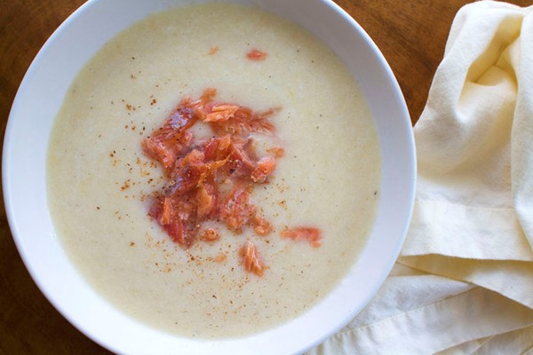 Winter vegetable soup with smoked trout