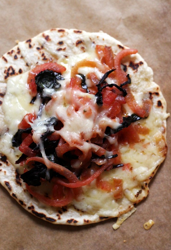 Winter vegetable tostadas with Gruyere and Fontina