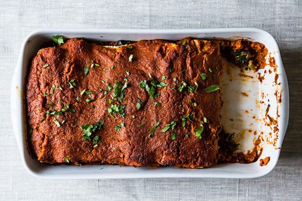 Wintry mushroom, kale, and quinoa enchiladas