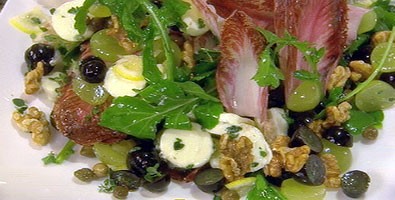 Witlof, watercress, bocconcini, walnut and grape salad