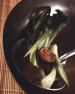 Wok-fried Chinese greens & shiitake mushrooms with sake