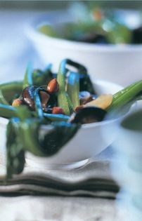 Wok-fried choi sum with shiitake and tamari