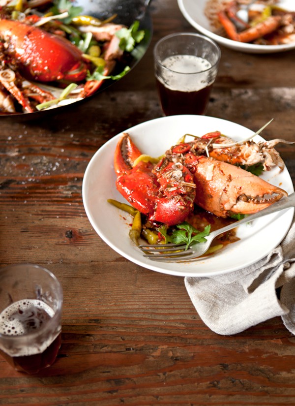 Wok-fried mud crab claws with tamarind, galangal and chilli bean paste