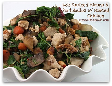 Wok sauteed mizuna and portobello mushrooms with minced chicken